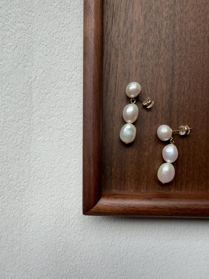 Additional view of triple freshwater pearl drop earrings by Le Jardin Perles